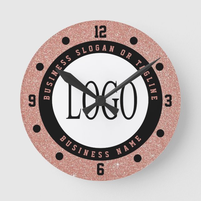 Faux Rose Gold Glitter Logo Business Wall Clock (Front)