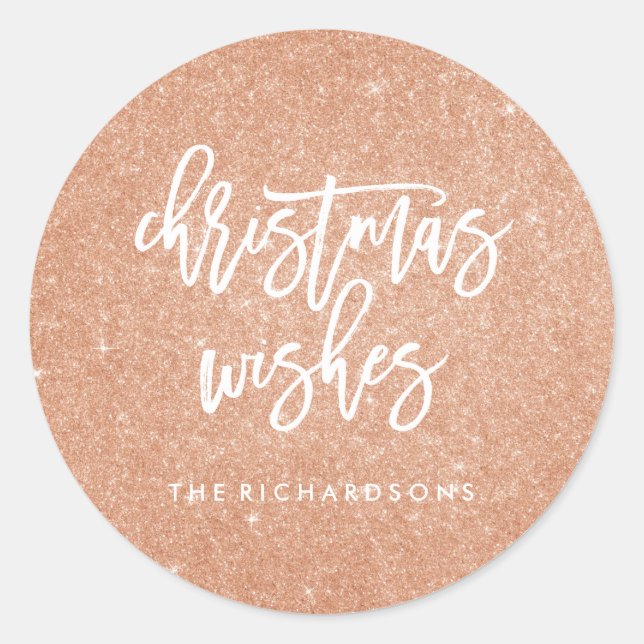 Faux Rose Gold Glitter Look Christmas Wishes Classic Round Sticker (Front)