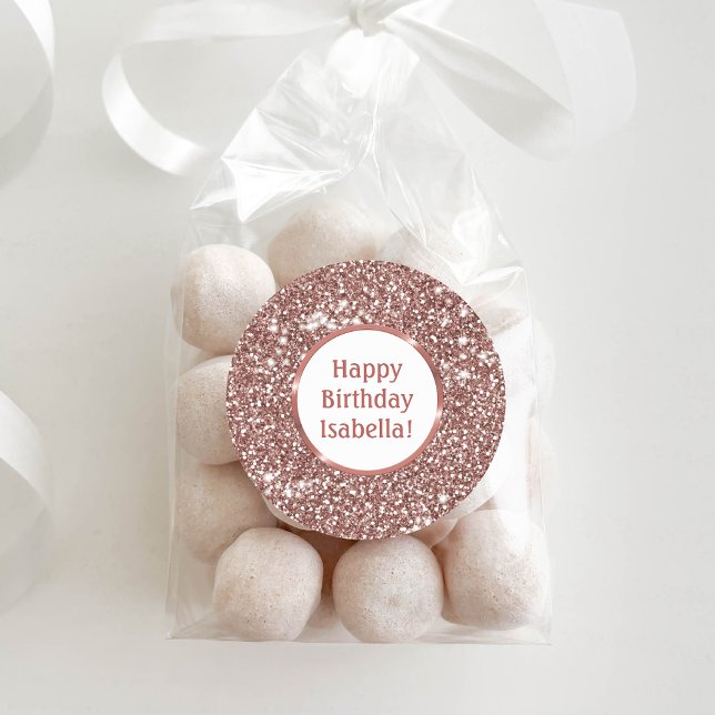 Faux Rose Gold Glitter Look Custom Happy Birthday Classic Round Sticker (Ideal for decorating birthday presents or party favors, for example.)