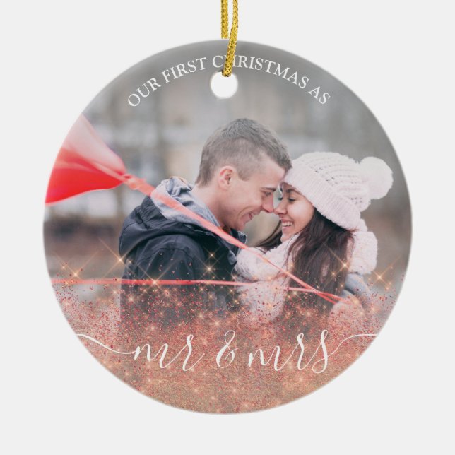 Faux rose gold glitter Mr. & Mrs. custom photo Ceramic Tree Decoration (Front)