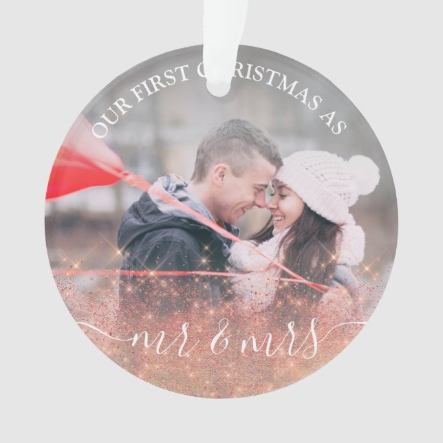 Faux rose gold glitter Mr. & Mrs. custom photo Ornament (Front)