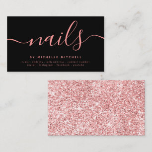 Faux Rose Gold Glitter Nail Technician Black  Business Card