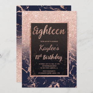 Faux rose gold glitter navy marble 18th Birthday Invitation
