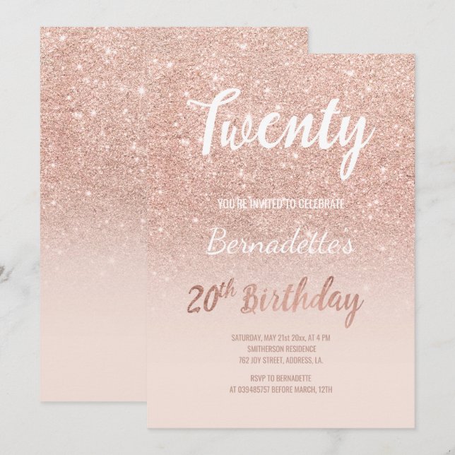 Faux rose gold glitter ombre 20th Birthday Invitation (Front/Back)
