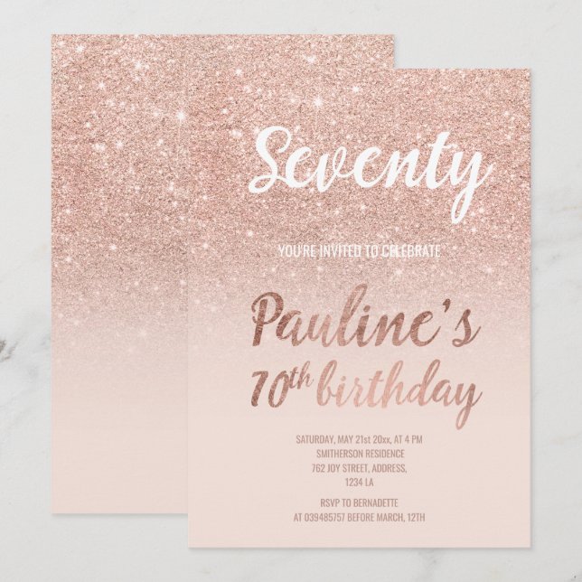 Faux rose gold glitter ombre 70th Birthday Invitation (Front/Back)