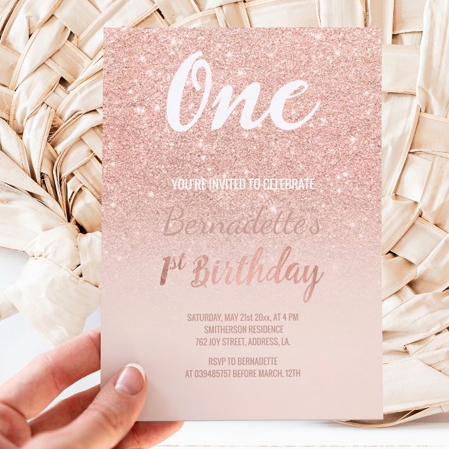 Faux rose gold glitter ombre first Birthday Invitation (Creator Uploaded)