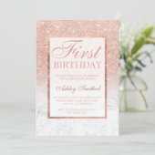Faux rose gold glitter ombre marble 1st birthday invitation (Standing Front)