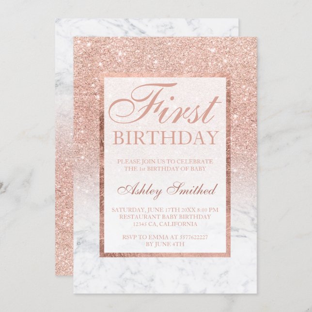 Faux rose gold glitter ombre marble 1st birthday invitation (Front/Back)