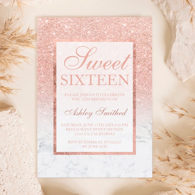 Faux rose gold glitter ombre marble chic Sweet 16 Invitation (Creator Uploaded)
