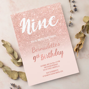 Faux rose gold glitter ombre nine Birthday Invitation