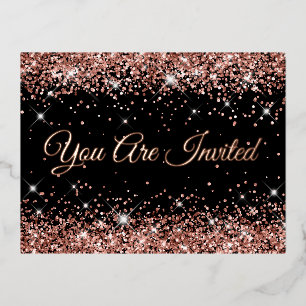 Faux Rose Gold Glitter on Black 40th Birthday Foil Invitation Postcard