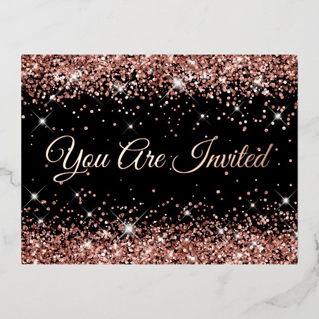 Faux Rose Gold Glitter on Black 40th Birthday Foil Invitation Postcard (Front)