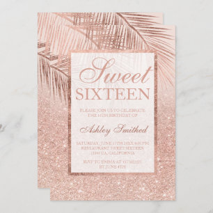 Faux rose gold glitter palm tree blush Sweet 16 Invitation