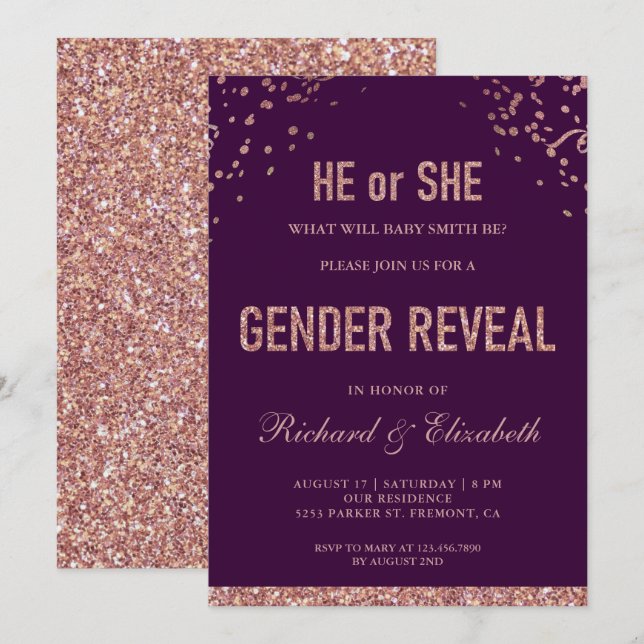 Faux Rose Gold Glitter Purple Gender Reveal Party Invitation (Front/Back)