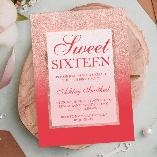 Faux rose gold glitter red chic Sweet 16 Invitation (Creator Uploaded)