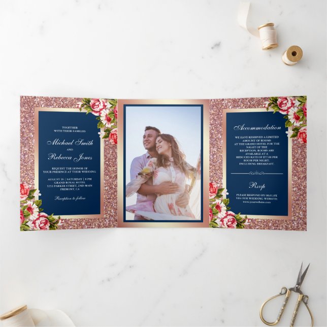 Faux Rose Gold Glitter Sparkle Floral Blue Wedding Tri-Fold Invitation (Inside)