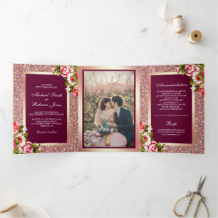 Faux Rose Gold Glitter Sparkle Pink Floral Wedding Tri-Fold Invitation