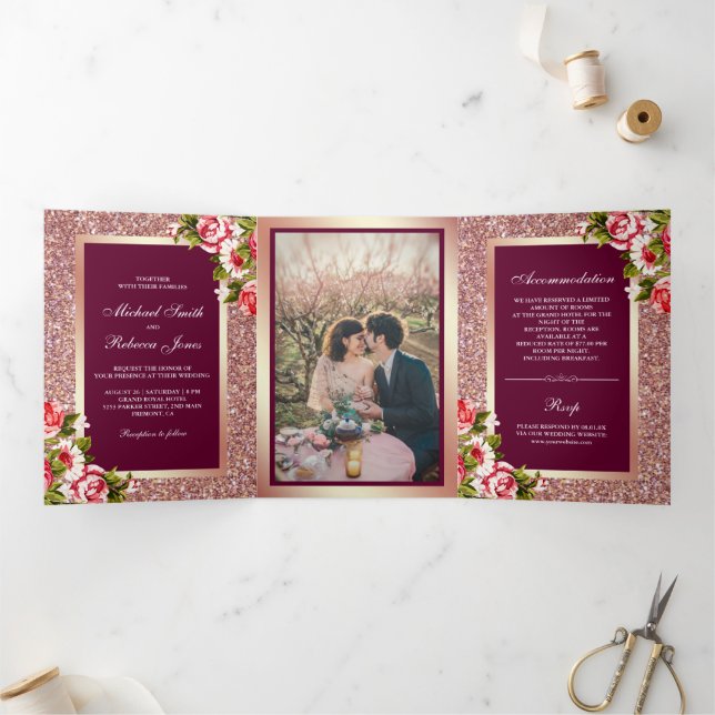 Faux Rose Gold Glitter Sparkle Pink Floral Wedding Tri-Fold Invitation (Inside)