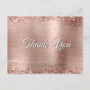 Faux Rose Gold Glitter Sprinkled Foil Thank You Postcard