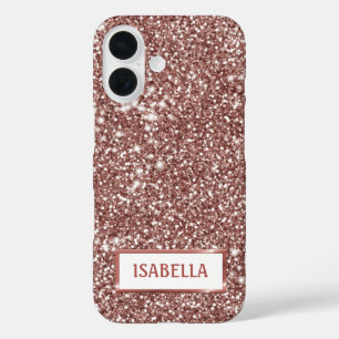 Faux Rose Gold Glitter Texture Look & Custom Name iPhone 16 Case