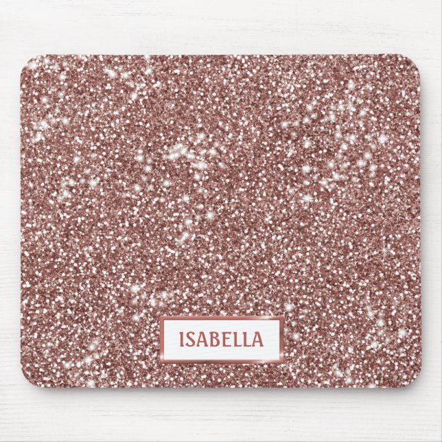 Faux Rose Gold Glitter Texture Look & Custom Name Mouse Mat (Front)