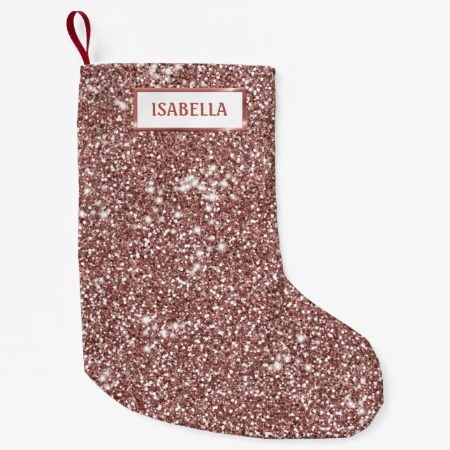 Faux Rose Gold Glitter Texture Look & Custom Name Small Christmas Stocking (Front)