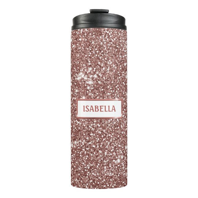 Faux Rose Gold Glitter Texture Look & Custom Name Thermal Tumbler (Front)