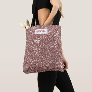 Faux Rose Gold Glitter Texture Look & Custom Name Tote Bag