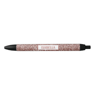 Faux Rose Gold Glitter Texture Look & Custom Text Black Ink Pen