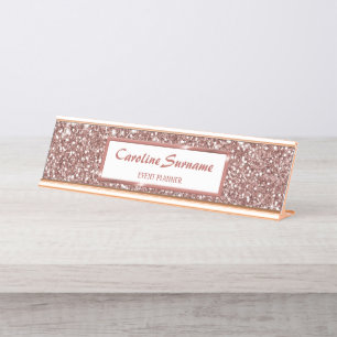 Faux Rose Gold Glitter Texture Look & Custom Text Desk Name Plate