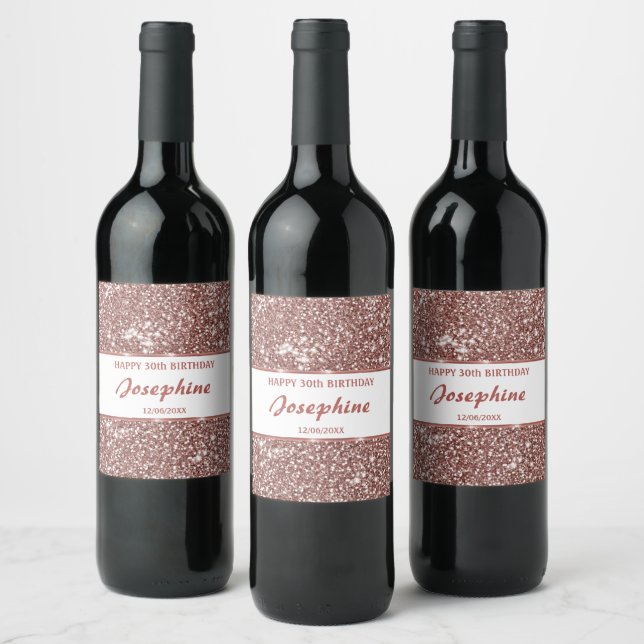 Faux Rose Gold Glitter Texture Look & Custom Text Wine Label (Bottles)