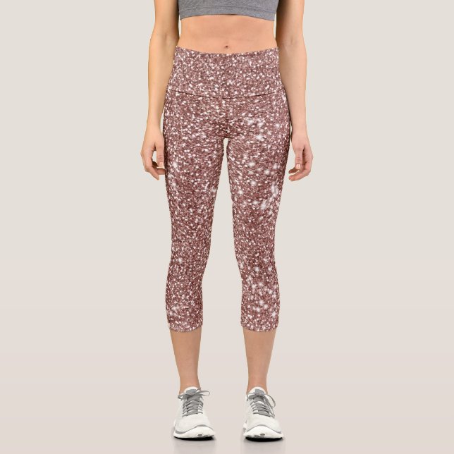Faux Rose Gold Glitter Texture Look-like Design Capri Leggings (Front)