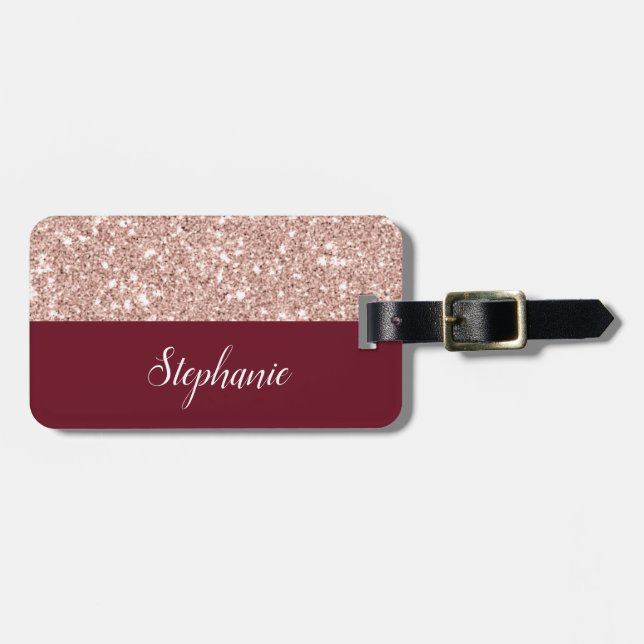 Faux Rose Gold Glitter with Burgundy Luggage Tag (Front Horizontal)