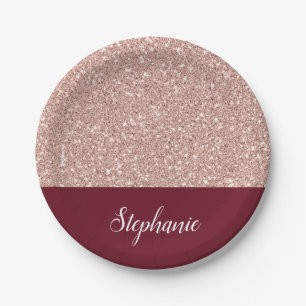 Faux Rose Gold Glitter with Burgundy Paper Plate