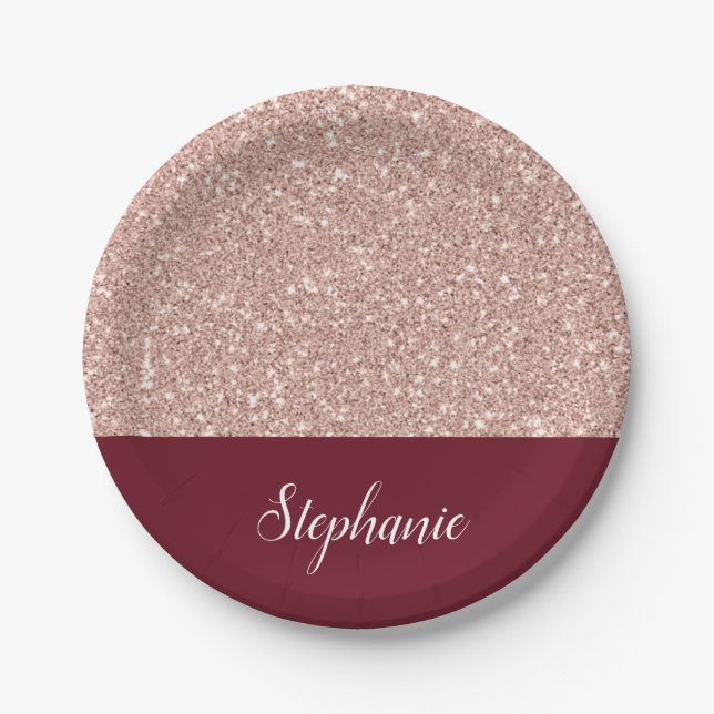 Faux Rose Gold Glitter with Burgundy Paper Plate (Front)