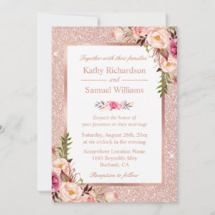 Faux Rose Gold Glitters Blush Floral Wedding Invitation