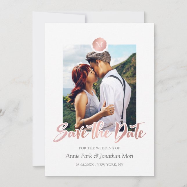 Faux Rose Gold & Grey Monogram Save the Date (Front)