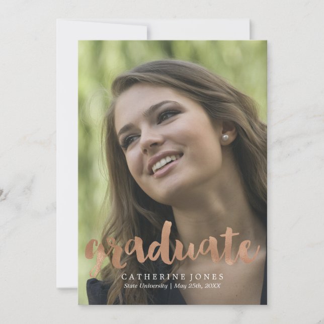 Faux Rose Gold Hand Lettered Typography Graduation Announcement (Front)