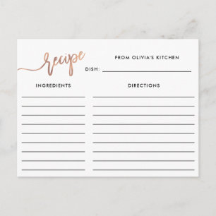 Faux Rose Gold Handwritten Script Recipe Card