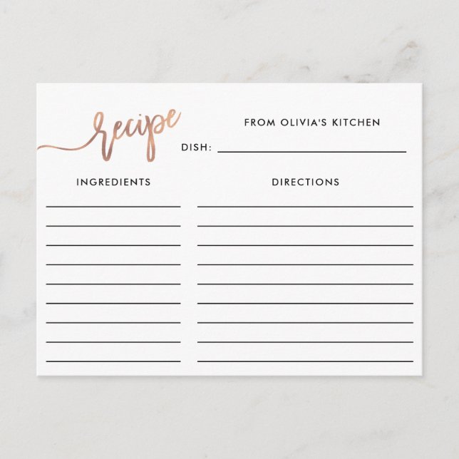 Faux Rose Gold Handwritten Script | Recipe Card (Front)