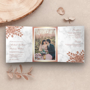 Faux Rose Gold Leaves Floral White Marble Wedding Tri-Fold Invitation