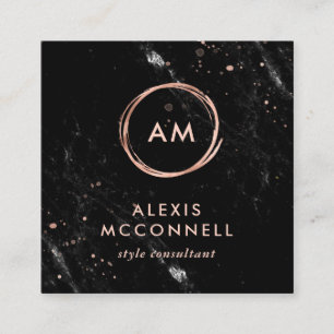 Faux Rose Gold Look on Black Marble Circle Square Business Card