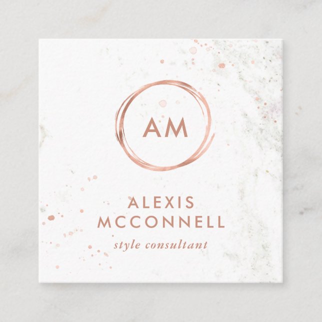 Faux Rose Gold Look on White Marble | Circle Square Business Card (Front)