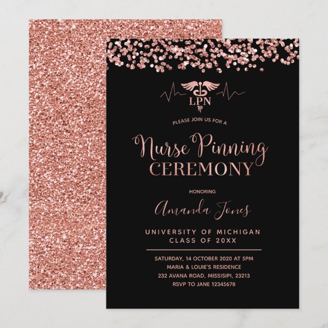 FAUX ROSE GOLD LPN Nurse Pinning Ceremony Invitation (Front/Back)