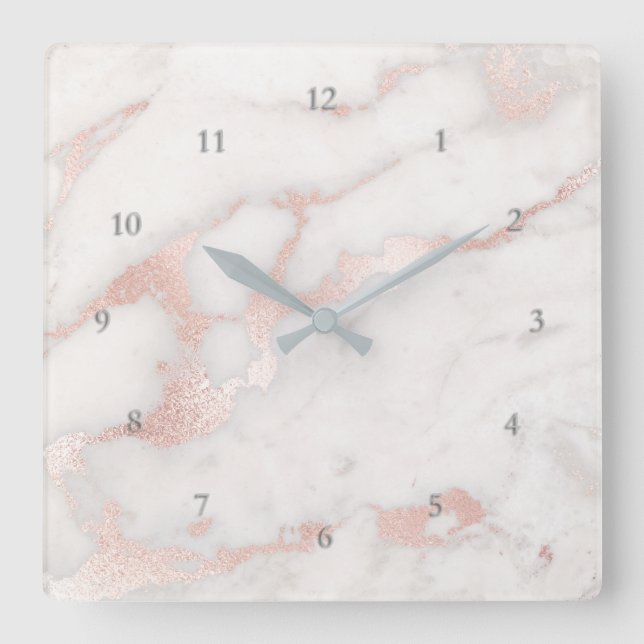 faux rose gold marble elegant square wall clock (Front)