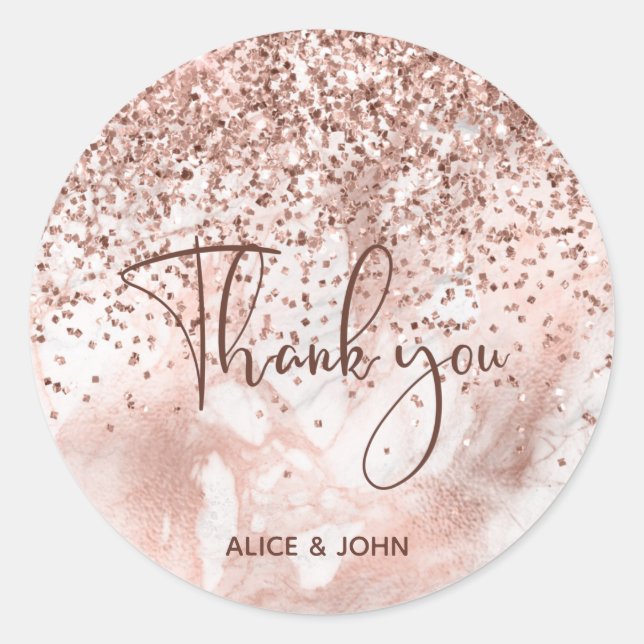 Faux Rose Gold Marble Girly Glitter Classic Round Sticker (Front)