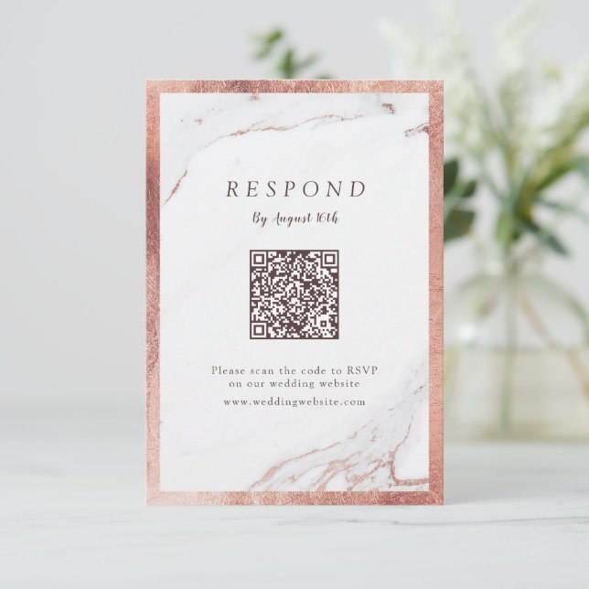 Faux rose gold marble luxury modern QR code RSVP Card (Standing Front)