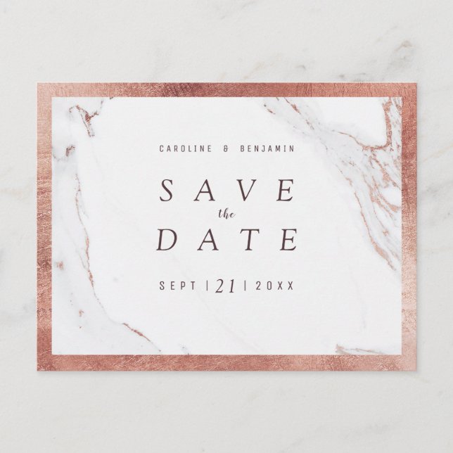 Faux rose gold marble luxury modern save the date announcement postcard (Front)