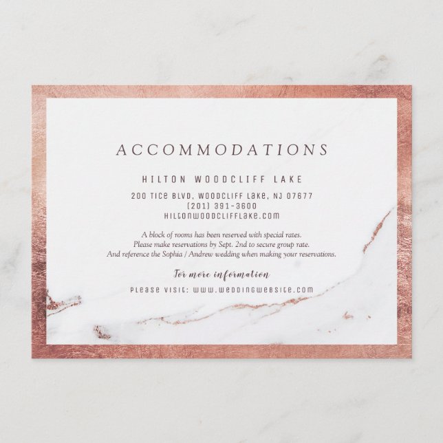 Faux rose gold marble modern wedding accommodation enclosure card (Front)