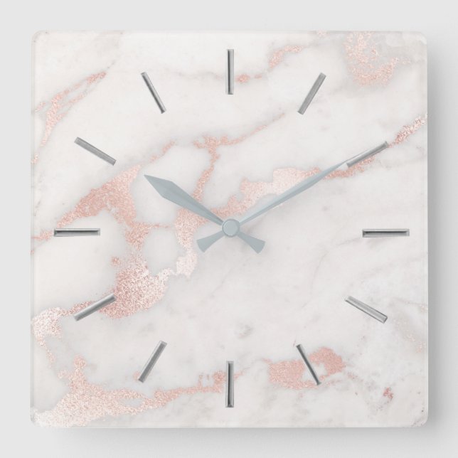faux rose gold marble stone elegant square wall clock (Front)